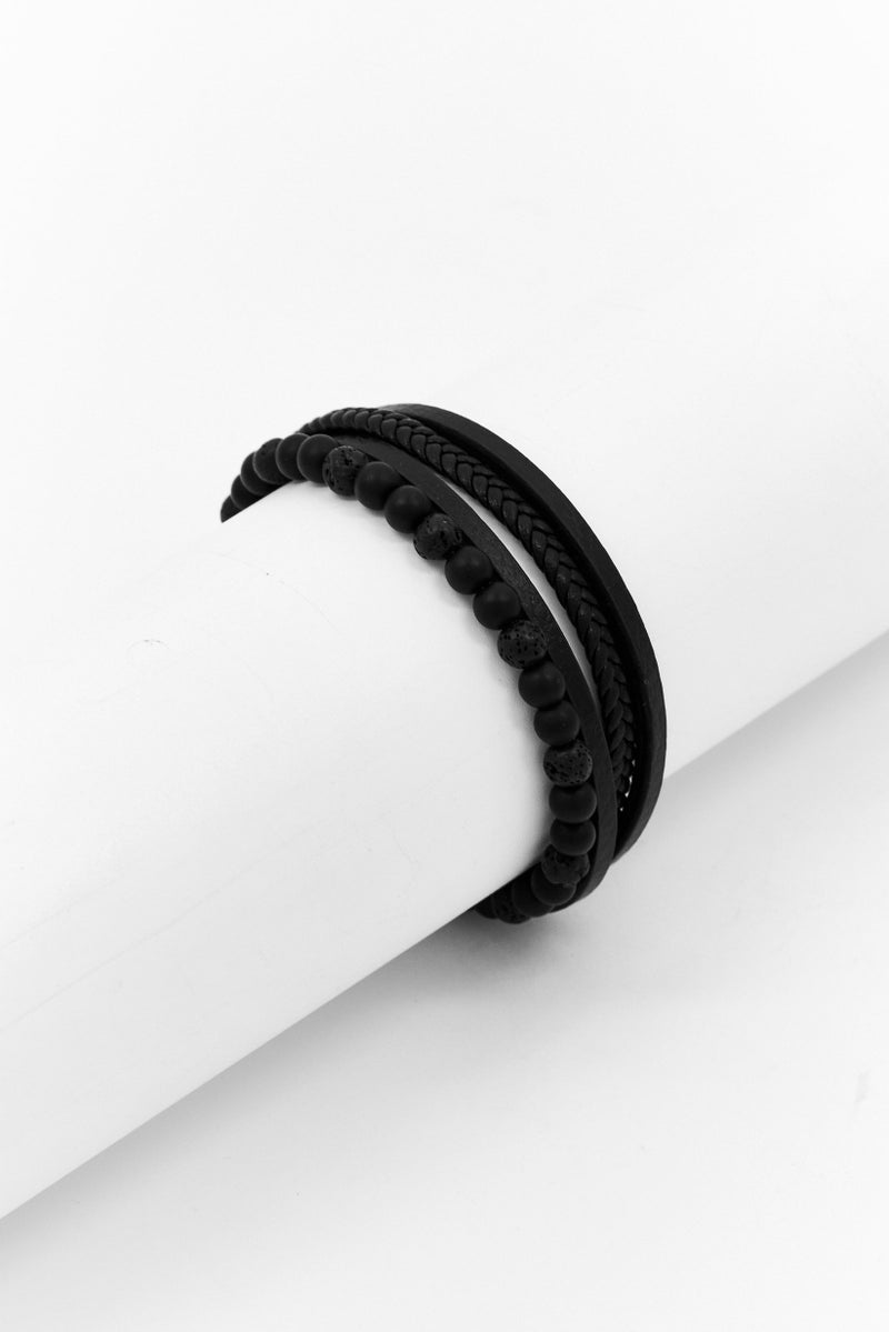 Steeltime سوار جلد للرجال مزين بالخرز مع مغناطيس من الفولاذ المقاوم للصدأ، أسود - Image 1